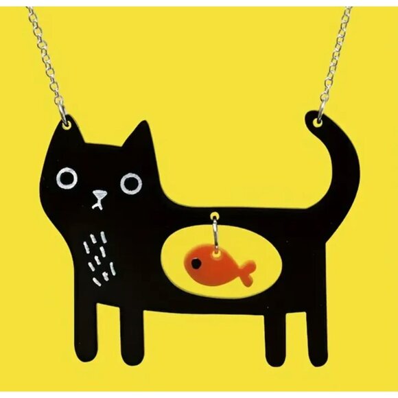 Other - Whimsical Acrylic Kitty Cat Necklace with Fish in Belly Pendant Silver Tone